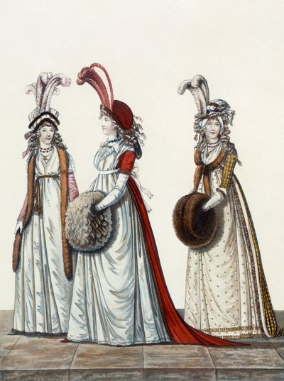 Večerní šaty, obr. 40, Obr. 41 a Obr. 42 z ‚Galerie módy‘, 1797 od Nicolaus von Heideloff