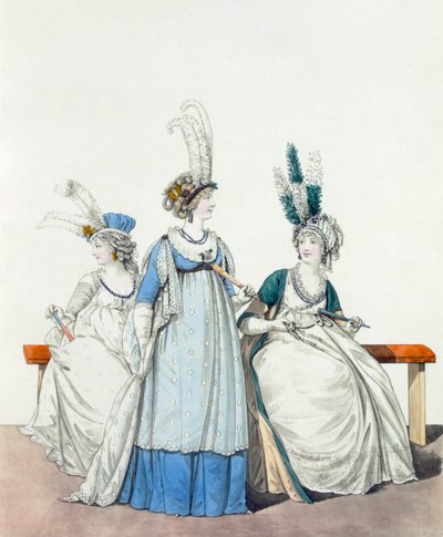 Večerní šaty do opery a na koncerty, obr. 96, obr. 97 7 obr. 98 z "The Gallery of Fashion", 1797 od Nicolaus von Heideloff