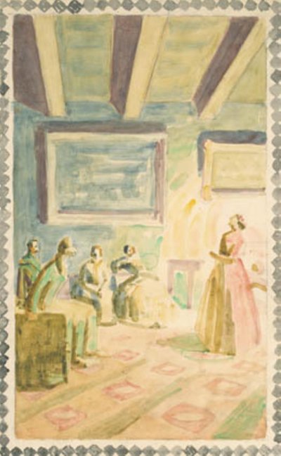 Jenny Lind zpívá ve Výmaru pro velkovévodovu rodinu a H.C. Andersen. Návrh na freskovou výzdobu v H.C. Andersen Memorial Hall v Odense od Niels Larsen Stevns