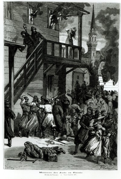 Vyvražďování Židů v Rusku, vyryto Gustavem Voulquinem (fl. 1880-90) z Le Journal Illustre, červen 1881 (černobílá fotografie) od Nielsen