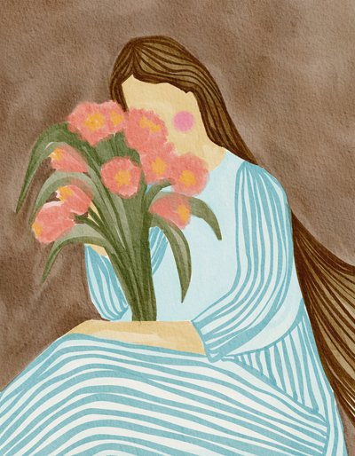 Plachá žena a růžové tulipány od Nikita Jariwala