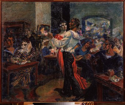 Un bar de marins. Peinture de Nikolai Afanasyevich Rusakov (1888-1941), huile sur tole   1406317   cs       czech Successfully Translated  Original: Nøgen rygvendt figur med armene over hovedet Translat: Nøgen rygvendt figur med armene over hovedet 1268605 od Nikolai Afanasyevich Rusakov
