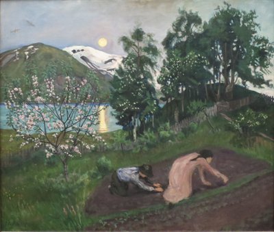 Norský jazyk Bokmål:  Vårnatt i hagen Noc na jaře od Nikolai Astrup