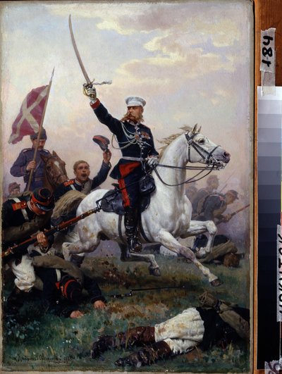 Guerre russo turque (russo-turque) (1877-1878) : le General Michail F. Skobelev (1843-1882) a cheval lors de la bataille du col de Shipka en 1877 (generál Michail F. Sobelek na koni) - Peinture de Nikolai Dmitrievich Dmitriev Orenbourgski (Dmitriev-Oren od Nikolai Dmitrievich Dmitriev Orenburgsky