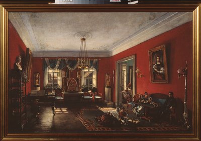 Salon v domě Nashchokin v Moskvě. (Scéna každodenního a rodinného života) - Salon v Nashchokinově domě v Moskvě - Obraz Nikolaje Ivanoviče Podklyuchnikova (1813-1877), olej na plátně, počátek 1840 - Ruské umění od Nikolai Ivanovich Podlyuchnikov