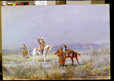 Sokolnictví (The Falconry). Středoasijští jezdci cvičí sokoly k lovu ve stepích. Obraz Nikolaje Nikolajeviče Karasina (1842-1908), olej na plátně od Nikolai Nikolaevich Karazin