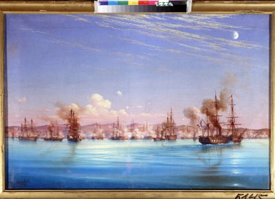 Bombardování Sevastopolu francouzsko-britskou eskadrou v roce 1854. (Bombardování Sevastopolu od britské francouzské eskadry v roce 1854). Epizoda obléhání města od roku 1854 do roku 1855, během krymské války mezi koalicí Osmanských říší, f od Nikolai Pavlovich Krasovsky