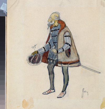 Přípravný kostým, Lakomý rytíř, pro divadelní hru "Avarský rytíř"" Alexandra Puškina (1799-1837) (Návrh kostýmů pro divadelní hru Lakomý rytíř A Puškina) - Dílo Nikolaje Pavloviče Uljanova (Uljanova) ( 1875-1949), kr od Nikolai Pavlovich Ulyanov