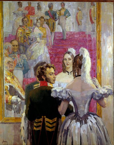 Ruský básník Alexander Puškin (Puškin) (1799-1837) a jeho manželka Natalia Gontcharova (Gončarovová) na plese paláce Anichkof. Obraz Nikolaje Pavloviče Uljanova (Ulyanov) (1875-1949) od Nikolai Pavlovich Ulyanov