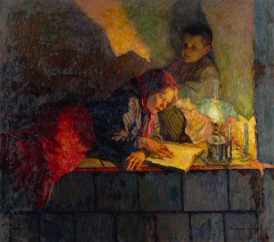 Děti čtou při svíčkách (olej na plátně) od Nikolai Petrovich Bogdanov Belsky