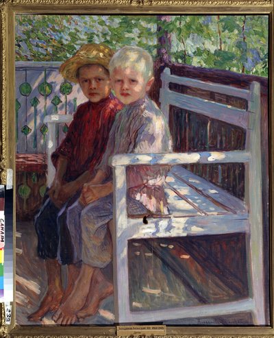 Děti (Děti). Dvě děti, jedno s blond vlasy, druhé s hnědými vlasy, sedí bosé na lavičce na slunci. Obraz Nikolaje Petroviče Bogdanov Belsky (Bogdanov-Belsky) (Bogdanov Belsky) (Bogdanov-Belsky) (1868-1945). Olej na plátně od Nikolai Petrovich Bogdanov Belsky