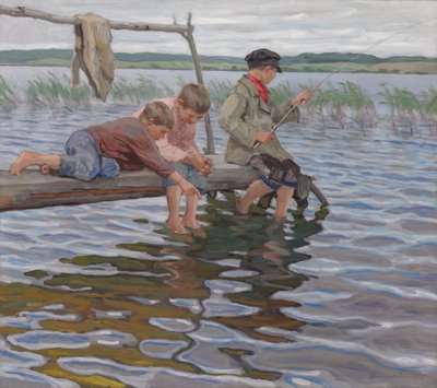 Chlapci loví z mola od Nikolai Petrovich Bogdanov Belsky