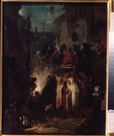 Autodafe (Autodafe). Pouliční scéna, v noci, po rozsudku soudu inkvizice, se dav a duchovní shromáždili kolem ohně. Dílo Nikolaje Petroviče Lomtěva (1816-1859), olej na kartonu. ruské umění od Nikolai Petrovich Lomtev