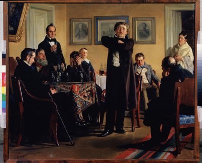 Herec Pavel Mochalov (1808-1848) obklopuje své obdivovatele. (Mezi svými fanoušky herec P. Mochalov). Je považován za největšího tragéda romantického Ruska, interpretuje roli v soukromém salonu, diváky pozorné a zaujaté emocemi od Nikolai Vasilievich Nevrev