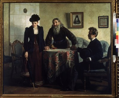 Remonstrance (Napomenutí). Pár v manželské krizi navštíví pravoslavného kněze a dostane lekci mravního chování. Obraz Nikolaje Vasiljeviče Nevreva (1830-1904), olej na plátně od Nikolai Vasilievich Nevrev