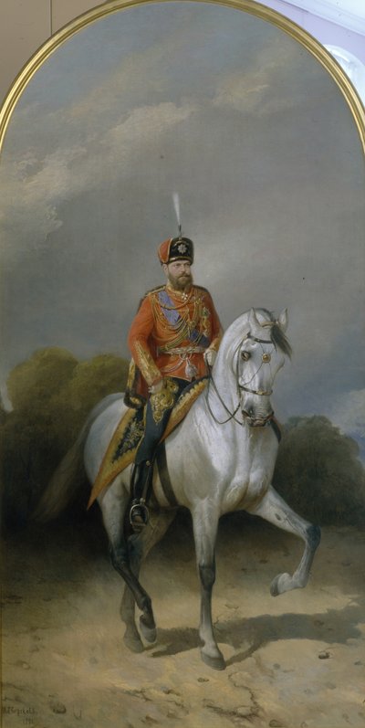 Portrét císaře Alexandra III. 1845-1894 v uniformě husarského pluku Leibovy gardy, 1881 od Nikolai Yegorovich Sverchkov
