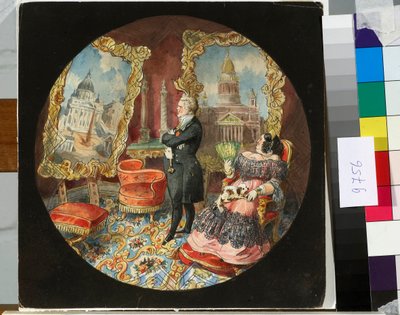 Architekt Auguste Ricard de Montferrand (1786-1858) a jeho manželka ve svém obývacím pokoji hrdě rozjímali nad obrazy představujícími některá z jeho děl - Kresba Nicolase Benoise (1813-1898) od Nikolay Benois