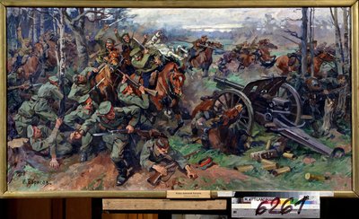 Ruská jízda nabíjející německé dělostřelectvo v roce 1915 (Ruská jízda nabíjející německé dělostřelectvo v roce 1915). Obraz Nikolaje Jakovleviče Borisova (1873-1942). Olej na plátně, 75 x 142 cm, ruské umění počátku 20. století. Státní ústřední dělostřele od Nikolay Yakovlevich Borisov