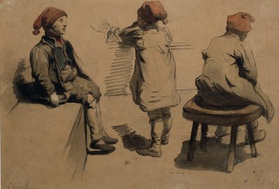 Chlapci se skřítčími kapucemi (akvarel na papíře) od Nils Bergslien