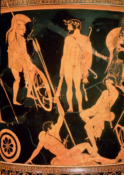 Herakles a řečtí hrdinové, detail z attického červeného kalicha-krateru, kolem 490 př. n. l. (keramika) (viz také 92577 a 19106) od Niobid Painter