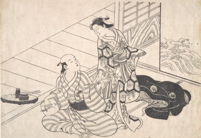 Dáma přerušuje svého milence, který hraje Shamisen. od Nishikawa Sukenobu