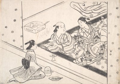 Dáma hrající Shamisen se svým milencem a doprovodem poblíž. od Nishikawa Sukenobu