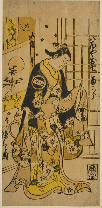 Herec Segawa Kikujiro I jako Oshichi ve hře „Shochikubai Kongen Soga“ hrál v divadle Ichimura ve třetím měsíci, 1732 od Nishimura Shigenobu