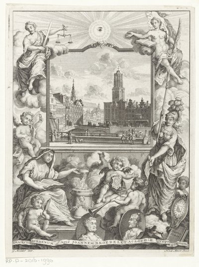 Stadsgezicht met Domkerk te Utrecht en allegorie met Utrechtse stedenmaagd Titulní stránka: Elias de Vries, Dissertatio juridica, de jure naturale ac gentium, seu duobus prioribus juris fontibus, 1745. od Noach van der Meer (I)