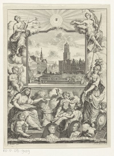 Stadsgezicht met Domkerk te Utrecht en allegorie met Utrechtse stedenmaagd Titulní stránka: Elias de Vries, Dissertatio juridica, de jure naturale ac gentium, seu duobus prioribus juris fontibus, 1745. od Noach van der Meer (I)