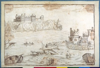 Hrad převyšující útesy se studiemi galeon a rybářských člunů (pero a hnědý inkoust na papíře) od Noel Gasselin
