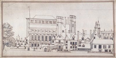 Whitehall s Holbeinovou bránou a banketním domem Inigo Jonese, kolem roku 1677 (pero a hnědý inkoust s šedým praním) od Noel Gasselin