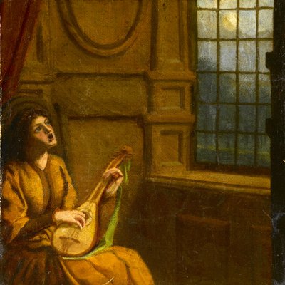 Mladá dívka hrající na loutnu u okna, cca 1920 (akvarel na papíře) od Noel Rooke