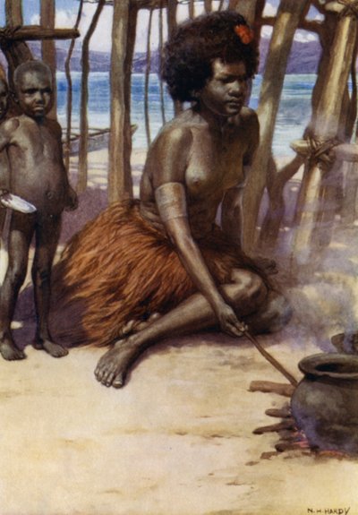 Cooking the Meal, Britská Nová Guinea (barva litho) od Norman Hardy