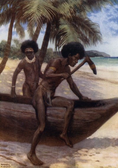 Dokončení kánoe, Britská Nová Guinea (barevné lito) od Norman Hardy