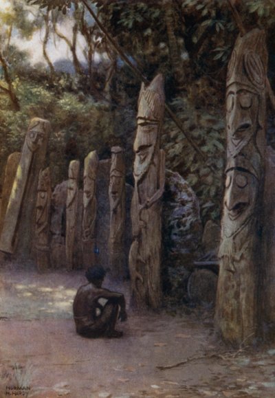 Kamenné „Demity“ neboli duše s jejich doprovodnými dřevěnými figurkami, ostrov Malekula, Nové Hebridy (barva litho) od Norman Hardy