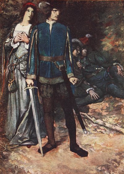 „Odvažuji se tě, ale dýchnout na mou lásku“, Dva pánové z Verony, dějství V, scéna 4, ilustrace z „Příběhů ze Shakespeara“ od Charlese a Mary Lambových od Norman Mills (after) Price
