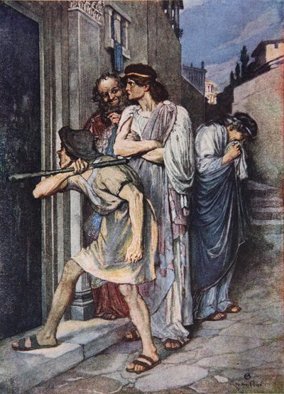 „Pust my Master in“, The Comedy of Errors, Act III Scéna 1, ilustrace z „Tales from Shakespeare“ od Charlese a Mary Lambových od Norman Mills (after) Price