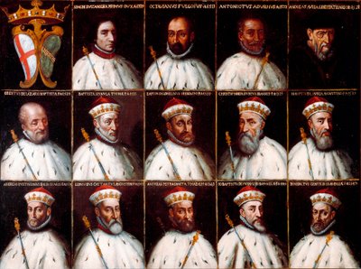 Erb Republiky genů a portréty dóžů - Simone Boccanegra, Ottaviano Fregoso a Antoniotto II Adorno; Andrea Doria. Oberto Cattaneo Lazzari, Battista Spinola, Battista Lomellini, Cristoforo Grilaldi Rosso, Giovanni Battista Doria od Northern Italian School