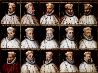Erb Republiky genů a portréty dóžů. Gio. Battista Gentile Pignolo, Nicolò Doria, Gerolamo De Franchi Toso, Gerolamo Chiavari, Ambrogio Di Negro, Davide Vacca (nebo Vaccari), Battista Negrone, Gio Giustiniani Campi, Antonio Grimal od Northern Italian School