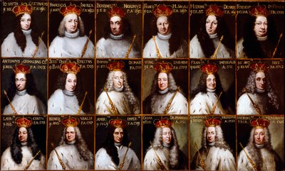 Erb Republiky genů a portréty dóžů. Giovanni Battista Cattaneo, Francesco Invrea, Negrone Bendinelli, Francesco Maria Sauli, Girolamo De Mari, Federico De Franchi, Antonio Cebà Grimaldi, Honored Stefano Ferreti, Domenico De Ma od Northern Italian School