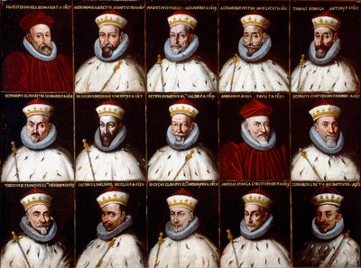 Erb Republiky genů a portréty dóžů. Silvestro Invrea, Gerolamo Assereto, Agostino Pinello Luciani, Alessandro Giustiniani Longo, Tomaso Spinola, Clavarezza Bernardo, Giovanni Giacomo Imperiale (Tartaro), Pietro Durazzo, Ambrog od Northern Italian School