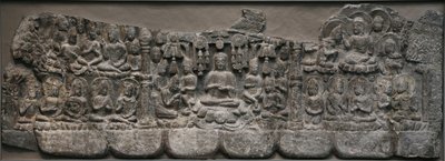 Nástěnná plastika: Nebeská setkání Buddhů a Bódhisattvů, Handan, provincie Hebei, 550-577 (vápenec se stopami pigmentu) od Northern Qi Dynasty Chinese Scool