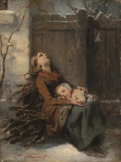 Zubožená mrtvá matka držící spící dítě v zimě, asi 1850 (olej na plátně) od Octave Tassaert