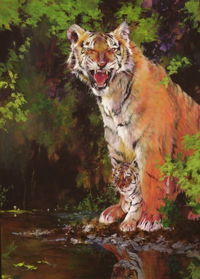 Matka a dítě II (Tygři) 1997 (akryl a pastelka na papíře) od Odile Kidd