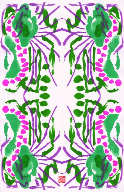 Peacock Green Pink Floral Pattern, 2023 (kvaš na papíře, digitální) od Odilia W. Y. Fu
