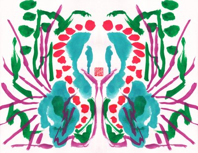 Peacock Green Red Floral Pattern, 2023 (kvaš na papíře, digitálně) od Odilia W. Y. Fu