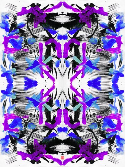 Zen Ink Blue Purple Floral Pattern, 2023 (akryl na papíře, digitální) od Odilia W. Y. Fu