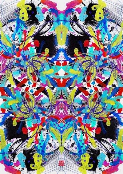 Zen Ink Blue Red Yellow Floral Pattern, 2023 (akryl na papíře, digitální) od Odilia W. Y. Fu