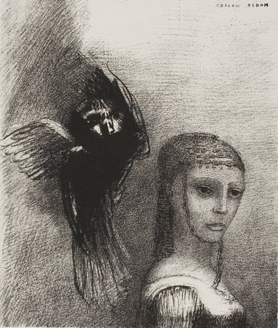 A velký pták, sestupující z nebe, vrhá se proti nejvyššímu bodu svých vlasů, talíř 3 z 10 od Odilon Redon
