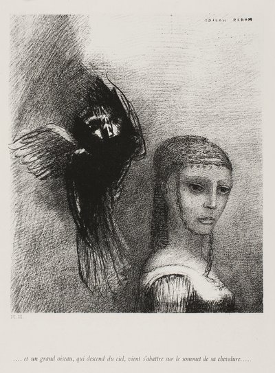 A velký pták, sestupující z nebe, se vrhá proti nejvyššímu bodu jejích vlasů, deska 3 z 10, 1888 od Odilon Redon